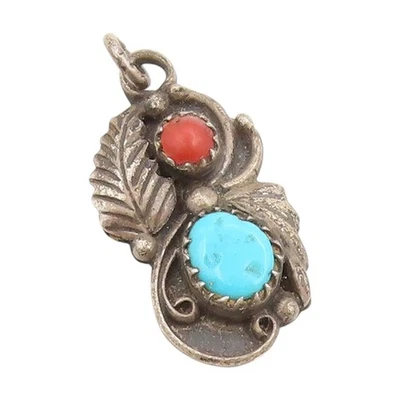 925 Sterling Silver Vintage Pendant NAVAJO Turquoise & Coral Floral Leaf PT25356 - Image 1 of 4