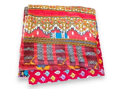 Indian Kantha Quilt Red Queen Full Bedspread Blanket Patchwork Boho 84x92 - Image 1 of 4
