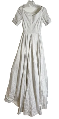 Vintage 40s Irish Linen Wedding Dress XS S Button Back Bows Long Train SS 0 2 4 - Image 1 of 4
