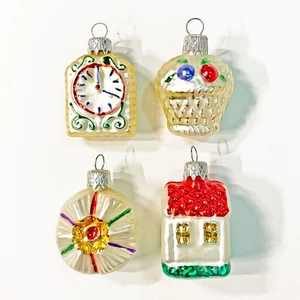 VTG Cottage Themed Glass Christmas Ornaments, Set of 4 - Clock, Basket, House - Picture 1 of 3
