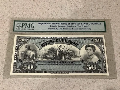 República de Hawaii Edición de 1895 $50.00 Certificado de plata impreso en 1988 por ABNC ~PMG Foto 1 de 4
