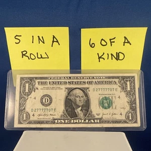 Six Of A Kind Sevens Solid Five In A Row $1 Dollar Bill Fancy Serial Number - Picture 1 of 4