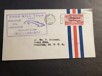 LINDBERGH VUELO 1928 CORREO AÉREO Historia Postal Cubierta HABANA Cachet SOBREIMPRESIÓN Foto 1 de 2