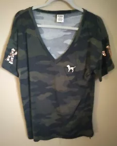 VICTORIA SECRET PINK V NECK CAMO LOGO ROSE GOLD BLING SHIRT M NWOT - Picture 1 of 2