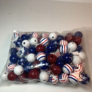 100 Pcs Patriotic 🇺🇸Wood Beads Independence Day 4Th of July Craft Jewelry