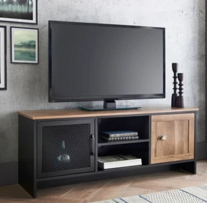 Rustic Dark Wood Finish Widescreen TV Unit Cabinet Stand Metal Mesh Details Door - Picture 1 of 4
