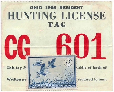 RW22 US Duck Revenue Stamp, used on 1955 Ohio Hunting license - Image 1 of 4