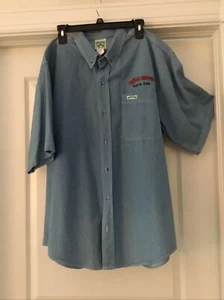 Embroidered Señor Frogs Puerto Rico S/S Button Down Denim Jean Shirt Sz Large - Picture 1 of 6