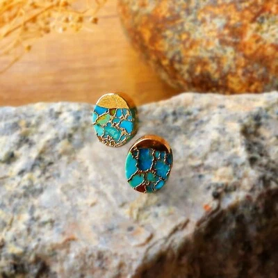 Natural Turquoise Stone Stud Earrings Blue Gemstone Gold Plated Earrings - Image 1 of 4
