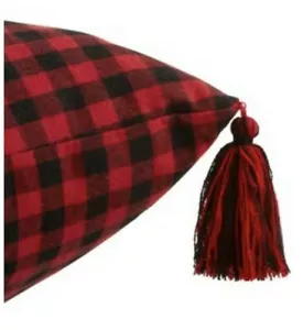 Buffalo Check Throw Pillow Merry Christmas Snowflake Tassel 17x17" Red Black - Picture 1 of 12