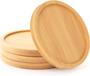 4 Pcs Bamboo Plant Saucer Succulent Pot Holder Drainage Tray with Raised Edge fo - Picture 1 of 6