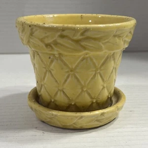 Vintage 1940s McCoy Planter Yellow Diamond Pattern Flower Pot w/ Saucer 3.5” - Picture 1 of 4