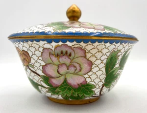 Vintage chinesische Cloisonné Emaille auf Bronze Deckelschale Schmuckschale Floral türkis - Bild 1 von 21