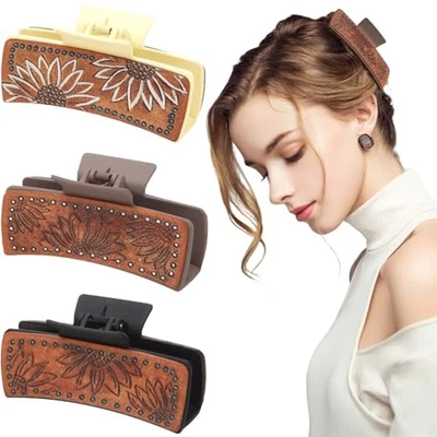 Sunflower Print Leather Hair Claw Clips - 4" Large Square Clips for flower 3pcs - Image 1 of 4