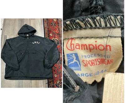 Chaqueta negra con capucha de nailon rara ropa deportiva Champion de colección de los años 50 EWSC EE. UU.  Foto 1 de 4