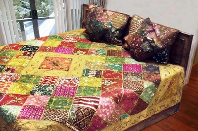 5 PC HAND EMBROIDERED DÉCOR BEADED SARI THROW COVERLET BEDSPREAD QUILT BLANKET - Image 1 of 4