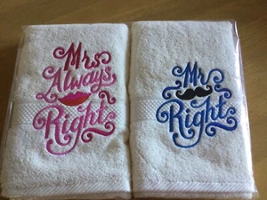 SET 2 EMBROIDERED IVORY 100% COTTON HAND TOWELS 550 GSM MR & MRS RIGHT WEDDING - Picture 1 of 4