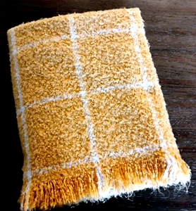 Threshold Throw Blanket Gold White Nubby Windowpane Check Fringe 52 x 64 inch - Picture 1 of 8