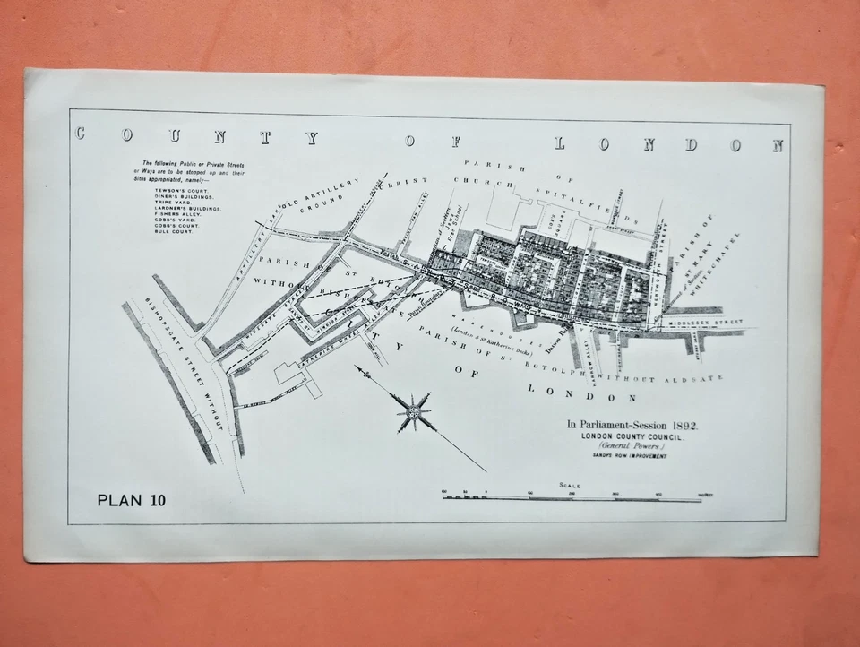 Mapa antiguo del desarrollo de Sandys Row de 1898. Middlesex Street - Londres Foto 1 de 1