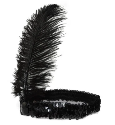 Black Sequin Flapper Vegas Showgirl with Black Feather Plume Headband - Image 1 of 4