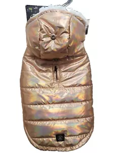 Silver Paw Pet Quilted Hooded Sherpa Lined Jacket SMALL Shiny Metallic Blush - Picture 1 of 16