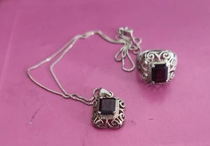 Vtg Joseph Cleary Garnet 925 Ring Sz 6.5 And Pendant Set With 926 Italy Chain - Picture 1 of 7
