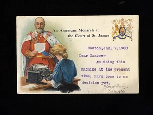 MA BOSTON 1908 ADVERTISING POST CARD MULTICOLOR ILLUS WOMAN USING TYPEWRITER - Imagen 1 de 2