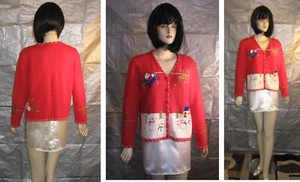 STUDIO JOY Red winter cardigan sweater Designer Original Santa Snowmen, women PL - Picture 1 of 4