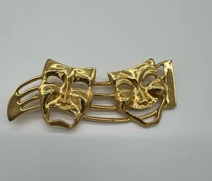 Vintage Gold Tone Theater Mask Brooch – Comedy Tragedy Abstract Art Pin 3” - Picture 1 of 5