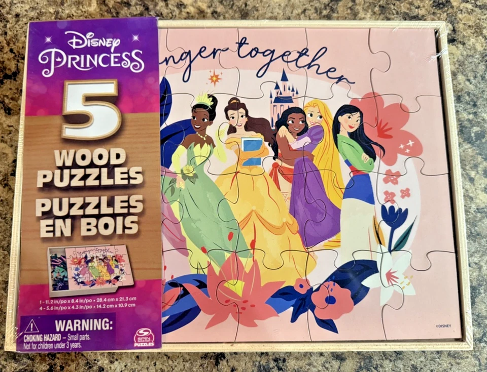 Disney Princess 5-Pack of Wood Jigsaw Puzzles w/ Wooden Storage Box NEW - Image 1 of 2