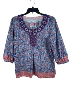 Robert Graham Women’s Red Blue Beaded Floral V-neck 3/4 Sleeve Pullover Top XL - Picture 1 of 15