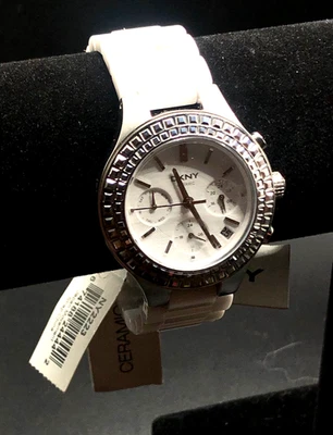 NUEVO Etiquetado! Reloj Cronógrafo DKNY Tono Plateado Brillo Blanco Cerámica NY4985 ¡FUNCIONA! Foto 1 de 4