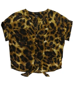 XOXO Womens Slouch Leopard Button Down Blouse, Brown, X-Small - Picture 1 of 1