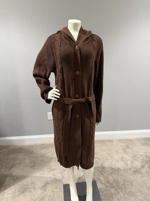 Cárdigan suéter tejido con botones marrón largo con capucha Denim & Co, mezcla de algodón Lrg Foto 1 de 4