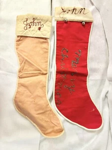 1950s Handmade for John Red & Pink Felt 18” & 17” Christmas Stockings Lot of 2 - Picture 1 of 3