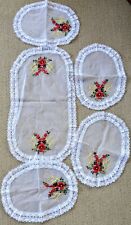 Set of 5 Vintage Embroidered Flower Sheer Organza Doilies, Runner Granny Core