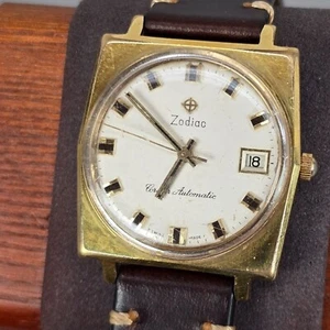 Vintage Zodiac Corsair Automatic Swiss Uhr goldfarbenes Gehäuse braunes Lederband - Bild 1 von 13