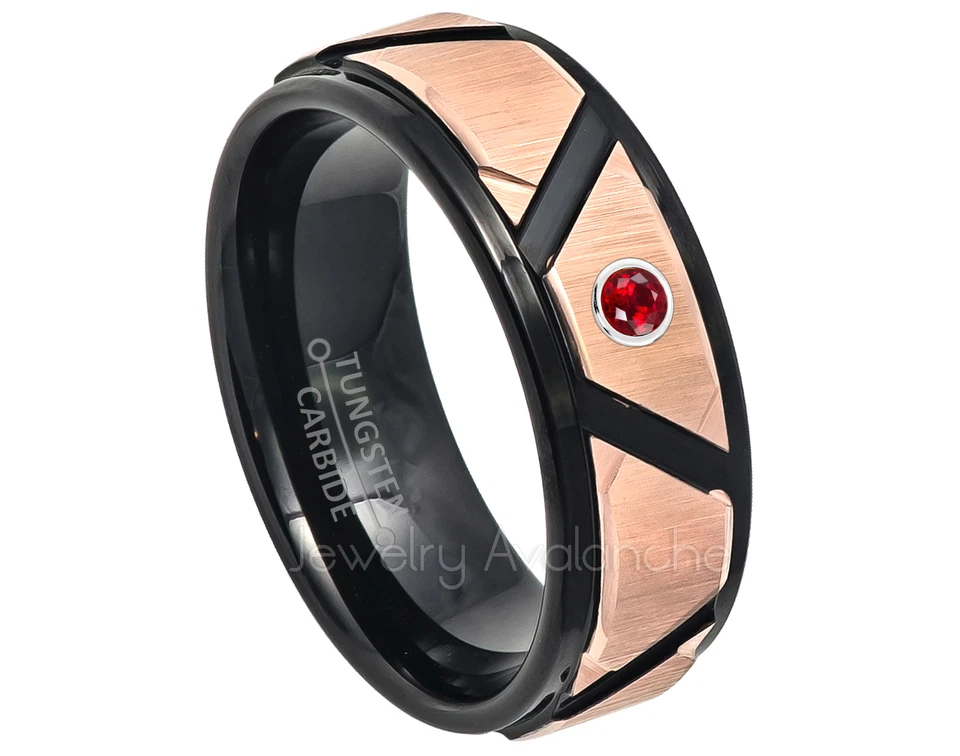 Anillo de tungsteno de oro negro y rosa 0,07 quilates anillo de rubí para hombre, anillo de piedra de nacimiento de julio #746 Foto 1 de 1