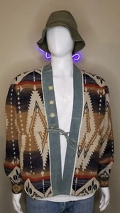 Chaqueta kimono japonesa envejecida mezcla de polietileno suroeste nativo americano Chimayo - Imagen 1 de 9