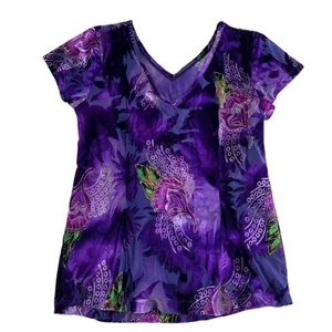 Vintage 2000s Women's S Velvet Burnout Top Purple Gold V-Neck Cap Sleeve Blouse - Picture 1 of 9