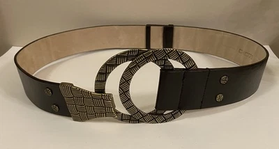 CHICO’S 黄铜大扣可调节宽深棕色腰带 - 女式 M/L 码 — 第 1/4 张图片