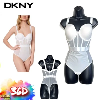 NWOT DKNY Women's 36D Sheers Mesh-Panel Slimming Thong Bodysuit DK6008 White - Image 1 of 4