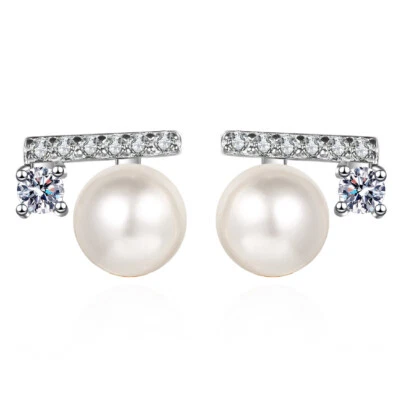 5A Real Freshwater White Pearl GRA VVS1 Moissanite Stud Earrings 14K Gold Plated - Image 1 of 4
