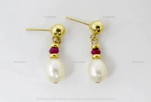 Pearl and Raw Ruby Earrings 925 Sterling Silver Elegant Earrings Mothers Day - Picture 1 of 8