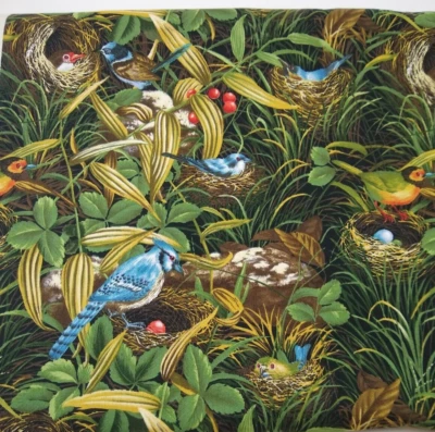 Tela Michael Miller pájaros sobre fondo negro anidando 4 yardas 1989 algodón Foto 1 de 4