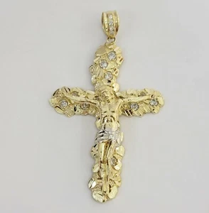 14k Yellow Gold Cross Pendant Charm Nugget Jesus Crucifix 3.5" REAL 14 KT Gold - Picture 1 of 8