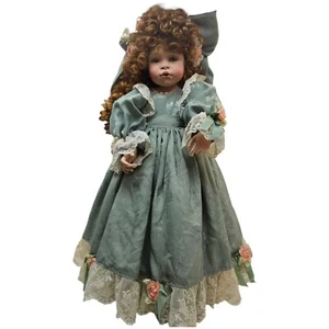 Vtg Porcelain Doll 2003 Pamela Erff #96/500 28" Brown Curly Hair Sage Green - Picture 1 of 12