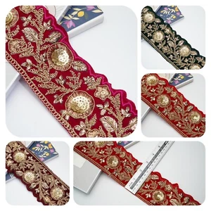 FCL 1y Indian Embroidered Lace Trim Work Border Velvet Asian Traditional Wedding - Picture 1 of 18