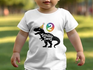 Boys 2nd Birthday T Shirt Terrible Twos Dino Party Shirt White T-Shirt Fun Tee - Picture 1 of 5