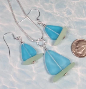 NAUTICAL Sea Glass Jewelry handcrafted Sailboat AQUA sail w OPAQUE SEAFOAM  hull - Picture 1 of 12